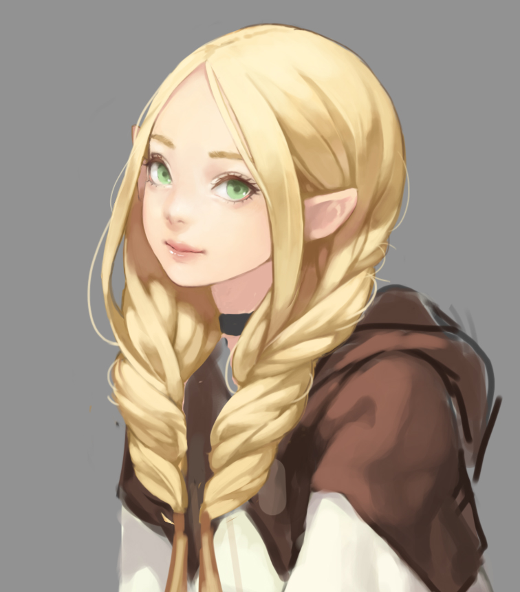 1girl, blonde_hair, braid, choker, closed_mouth, dungeon_meshi, elf, eyelashes, facing_viewer, fasces, green_eyes, grey_background, hair_over_shoulder, hood, hood_down, lips, long_hair, looking_at_viewer, marushiru, pointy_ears, simple_background, sketch, smile, solo, twin_braids, twintails, upper_body