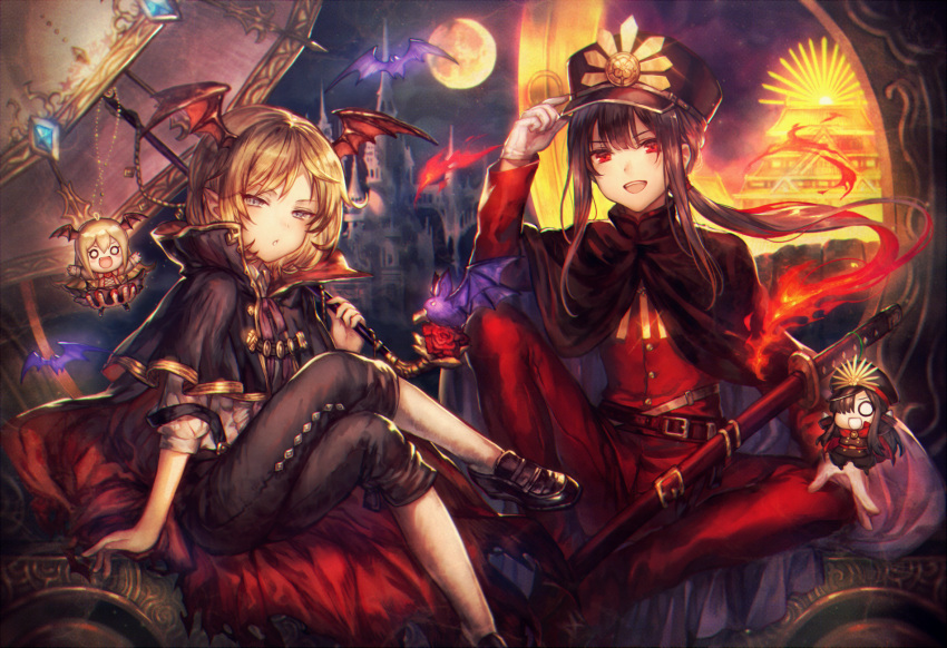 2boys, adjusting_clothes, adjusting_hat, arm_support, bat, bat_wings, black_hair, black_legwear