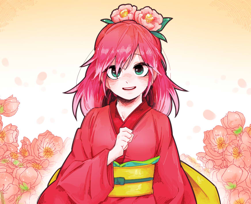1girl, blush, flower, geusaeng, green_eyes, hair_flower, hair_ornament, high_ponytail
