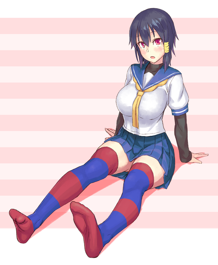 1girl, :o, arm_support, black_hair, breasts, feet, full_body, hair_tubes