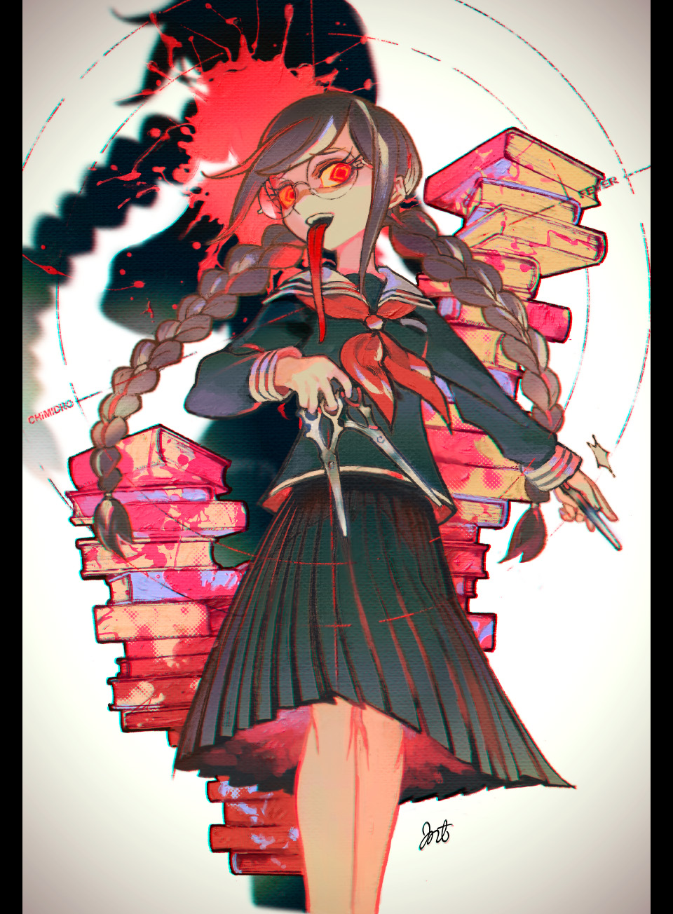 10s, 1girl, :d, bangs, black_hair, black_shirt, black_skirt, blood, blood_splatter, blood_stain, book, book_stack, border, braid, calligraphy_brush_(medium), chromatic_aberration, circle, dangan_ronpa, dangan_ronpa_1, eyelashes, fukawa_touko, genocider_shou, glasses, glowing, glowing_eyes, highres, holding, jnt, long_hair, long_sleeves, long_tongue, looking_at_viewer, medium_skirt, open_mouth, pleated_skirt, red_eyes, red_sailor_collar, round_glasses, sailor_collar, school_uniform, scissors, shadow, shirt, signature, skirt, smile, solo, song_name, standing, star, swept_bangs, teeth, tongue, tongue_out, traditional_media, twin_braids