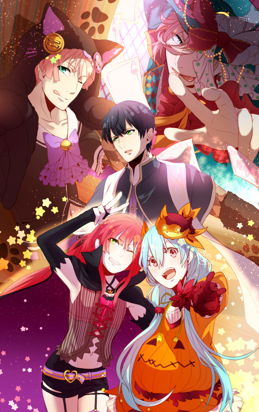 2girls, 3boys, :d, ;), ace_of_hearts, alternate_costume, animal_costume, aqua_eyes