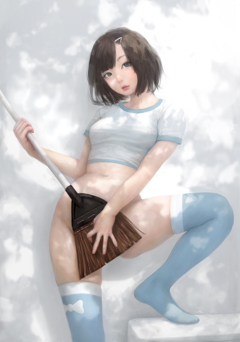 1girl, blue_legwear, blue_shirt, bottomless, breasts, broom, brown_eyes, brown_hair, commentary_request, dappled_sunlight, groin, hair_ornament, hairclip, holding, holding_broom, lips, looking_at_viewer, looking_to_the_side, medium_breasts, mujiha, original, over-kneehighs, parted_lips, shirt, short_hair, short_sleeves, solo, stomach, sunlight, thigh-highs, unconventional_guitar