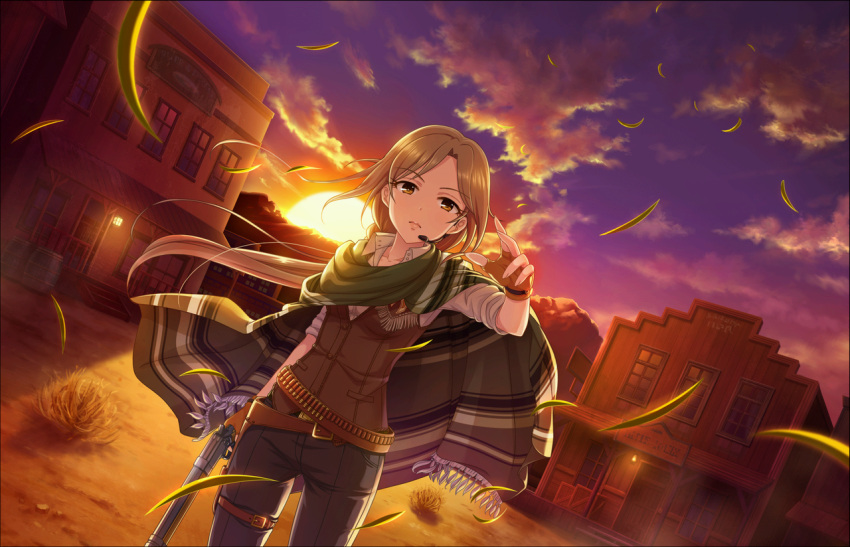1girl, arm_up, artist_request, bandolier, bangs, barrel, belt, brown_hair