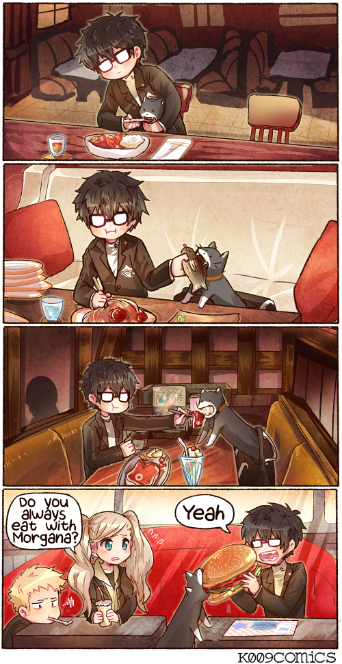 1girl, 2boys, black_hair, blonde_hair, blue_eyes, cat, chair, chopsticks