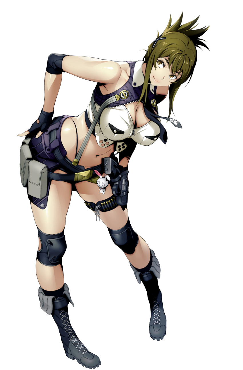 1girl, absurdres, black_gloves, boots, breasts, cleavage, fingerless_gloves, full_body