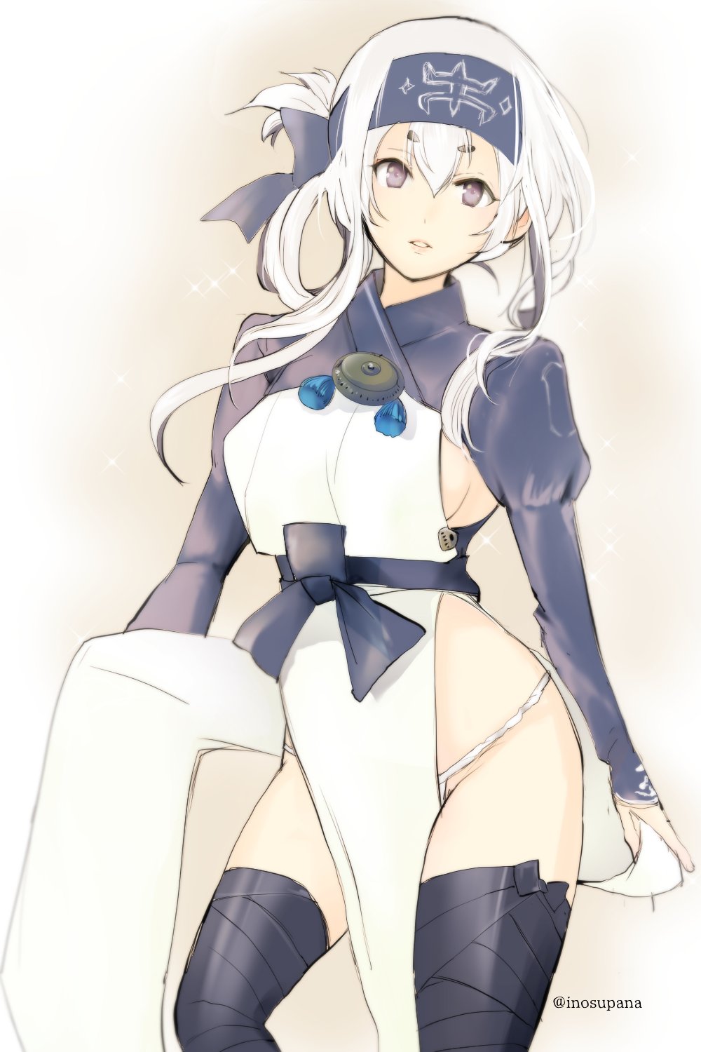 1girl, ainu, ainu_clothes, bad_id, bandage, bandanna, black_legwear, blue_eyes, breasts, commentary, cowboy_shot, cropped_jacket, dress, eyebrows_visible_through_hair, folded_ponytail, hair_between_eyes, headband, highres, kajii_supana, kamoi_(kantai_collection), kantai_collection, long_hair, long_sleeves, looking_at_viewer, pelvic_curtain, sidelocks, simple_background, sleeveless, sleeveless_dress, solo, sparkle, thick_eyebrows, thigh-highs, twitter_username, underwear, white_dress, white_hair