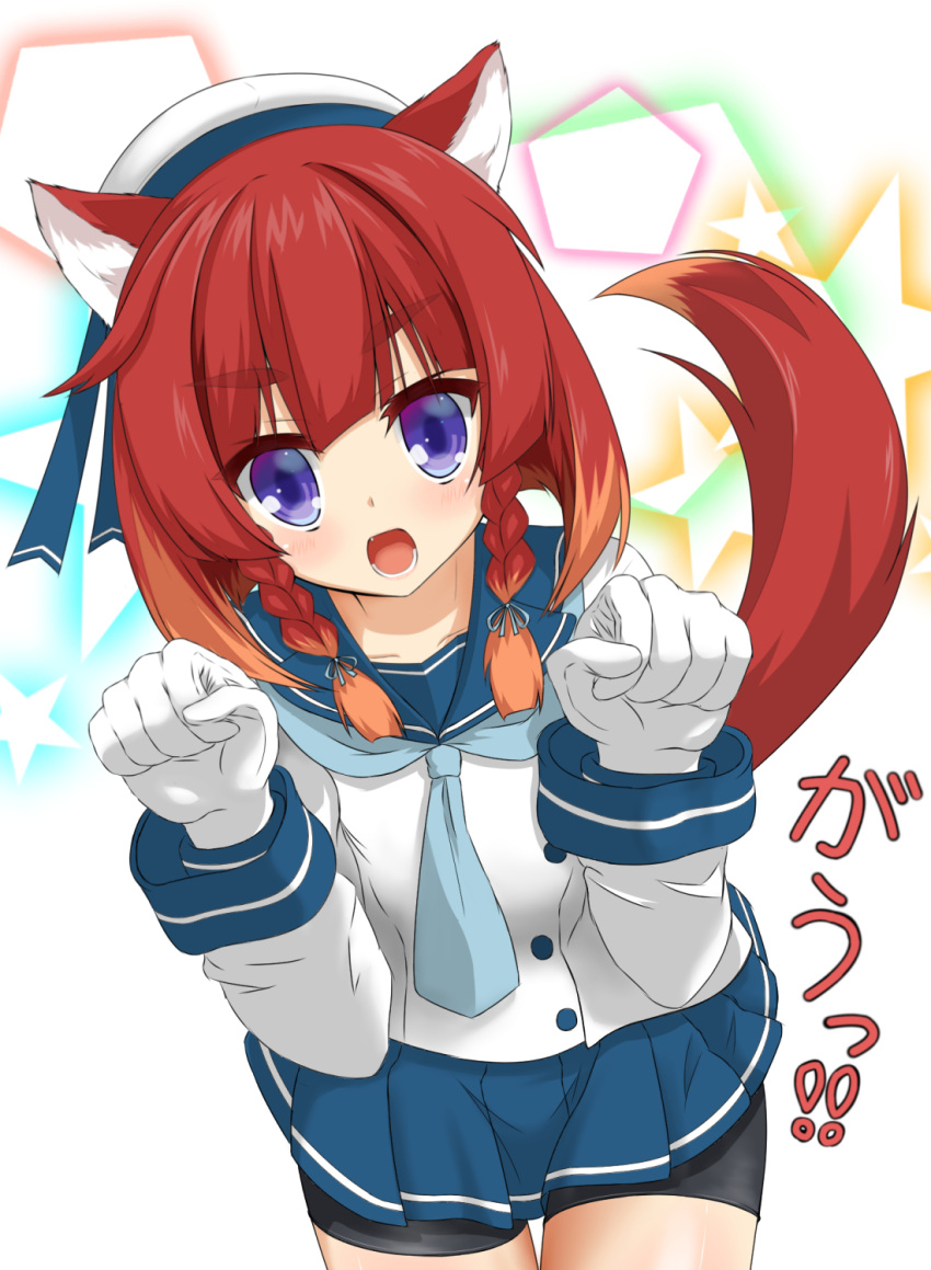 animal_ears, beret, bike_shorts, braid, etorofu_(kantai_collection), fox_ears, fox_tail, gloves