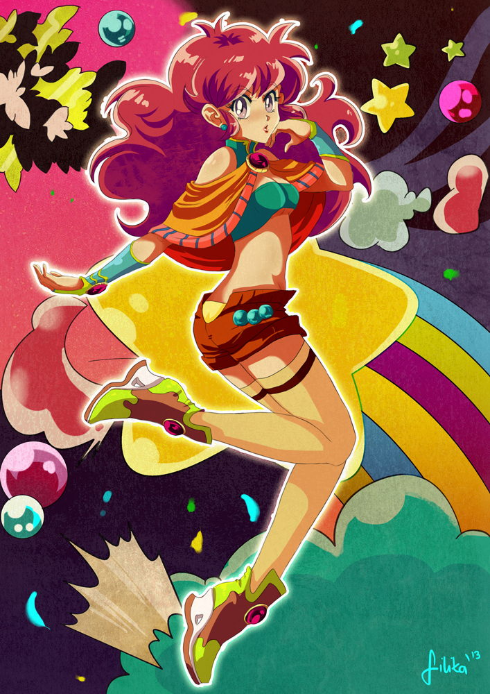 1girl, bare_shoulders, big_hair, boots, bracer, breasts, capelet, cleavage, cleavage_cutout, earrings, eyebrows_visible_through_hair, filika, full_body, halter_top, halterneck, jewelry, long_hair, making_of, midriff, oldschool, original, pink_hair, short_shorts, shorts, sidelocks, small_breasts, solo, thigh-highs, under_boob, violet_eyes, yellow_legwear, zettai_ryouiki