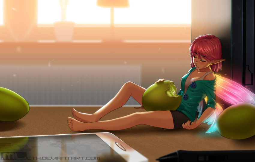 1girl, against_wall, bare_legs, barefoot, blush, breasts, closed_eyes, commentary