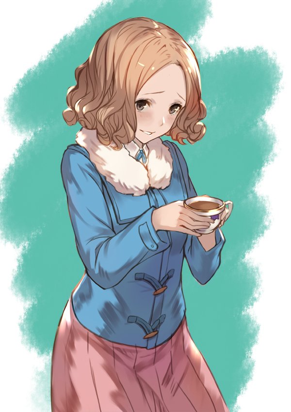 1girl, black_eyes, blue_coat, blush, brown_hair, coat, cowboy_shot, cup, fur_collar, lialight, long_sleeves, looking_at_viewer, mug, okumura_haru, parted_lips, persona, persona_5, pink_skirt, short_hair, skirt, smile, solo, wavy_hair