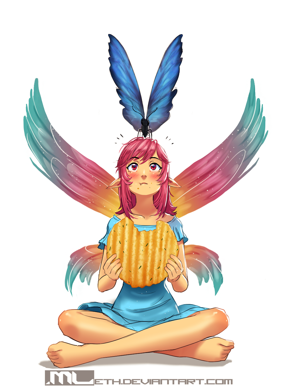 1girl, :t, animal, animal_on_head, bare_legs, barefoot, blue_dress, blush