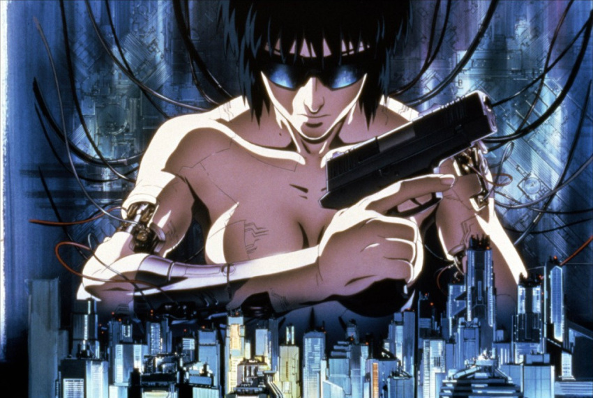 1girl, 90s, black_hair, breasts, building, cable, cityscape, cyberpunk