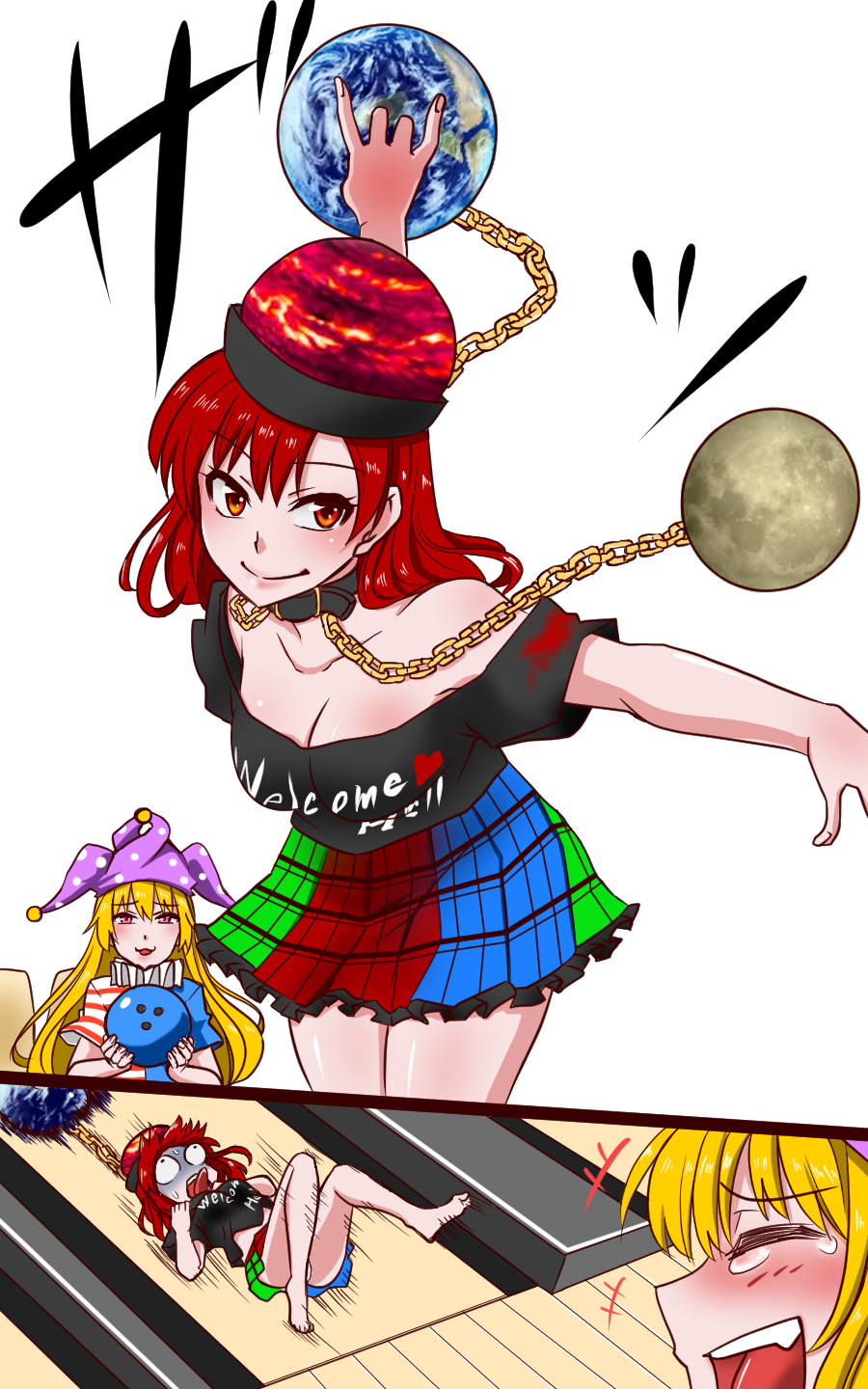 2girls, american_flag_dress, asphyxiation, ball, bare_legs, black_shirt, blonde_hair, bowling, bowling_ball, breasts, chains, clothes_writing, clownpiece, collar, earth, earth_(ornament), failure, gold_chain, hat, hecatia_lapislazuli, highres, jester_cap, laughing, long_hair, medium_breasts, miniskirt, moon_(ornament), multicolored, multicolored_clothes, multicolored_skirt, multiple_girls, neck_ruff, off-shoulder_shirt, plaid, plaid_skirt, polos_crown, red_eyes, redhead, shiraue_yuu, shirt, skirt, t-shirt, touhou