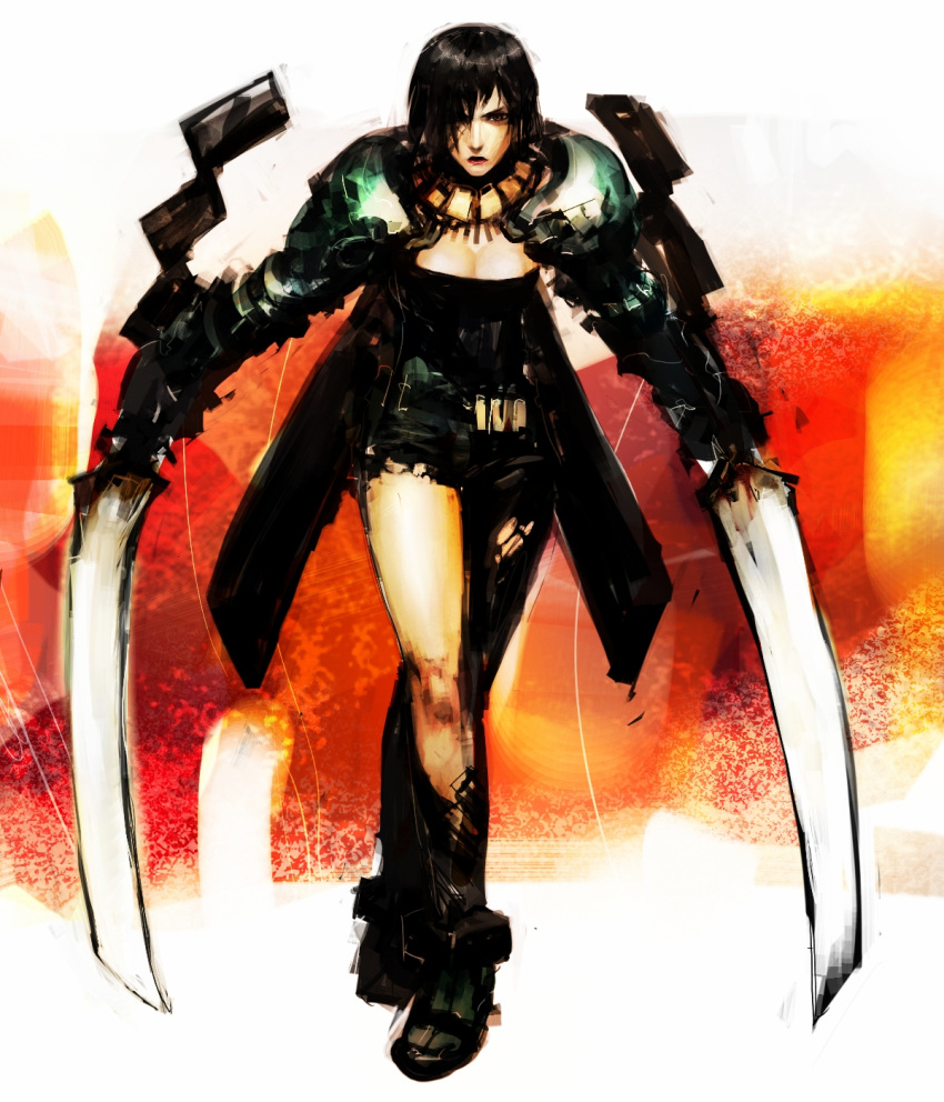 bad_id, black_hair, dual_wield, dual_wielding, highres, scar, short_hair, sword