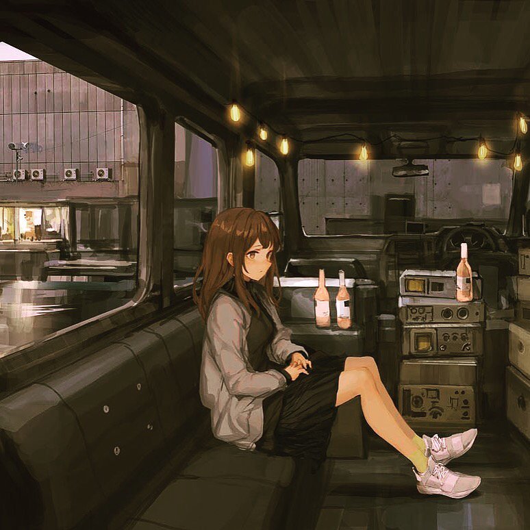 1girl, bangs, beer_bottle, black_skirt, brown_eyes, brown_hair, car_interior, cardigan