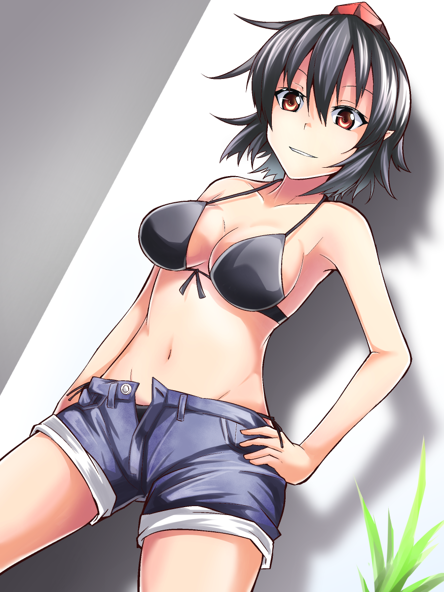 1girl, ashiroku_(miracle_hinacle), bikini, bikini_top, black_bikini, black_hair, breasts, brown_eyes