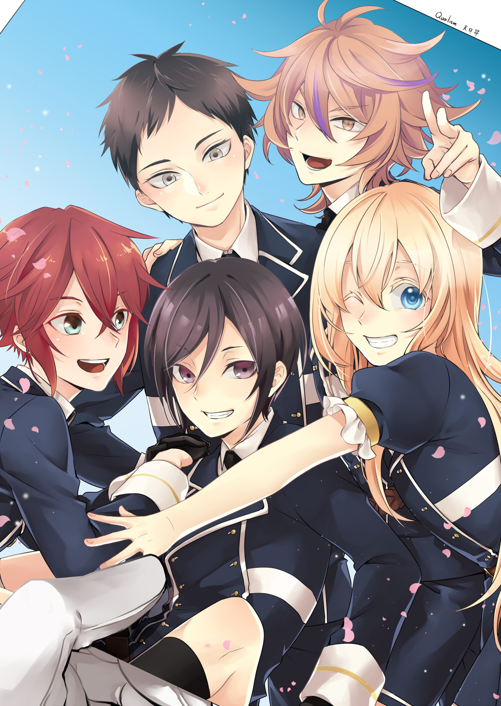 5boys, atsushi_toushirou, black_gloves, black_hair, blonde_hair, blue_eyes, brown_eyes, brown_hair