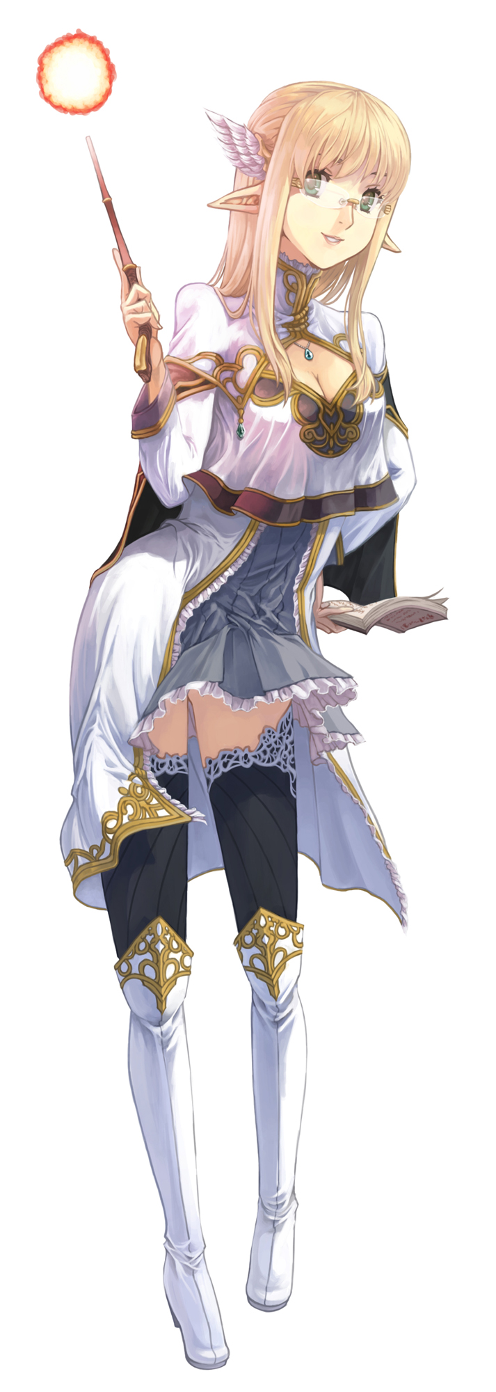 1girl, blonde_hair, book, cleavage_cutout, elf, full_body, glasses, hand_on_hip
