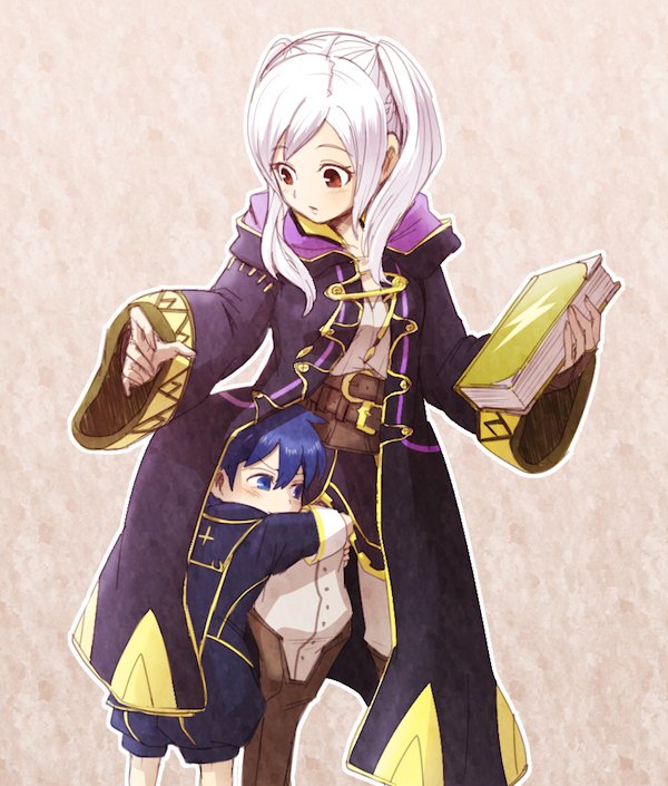 1boy, 1girl, blue_eyes, blue_hair, blush, book, cape, female_my_unit_(fire_emblem:_kakusei)