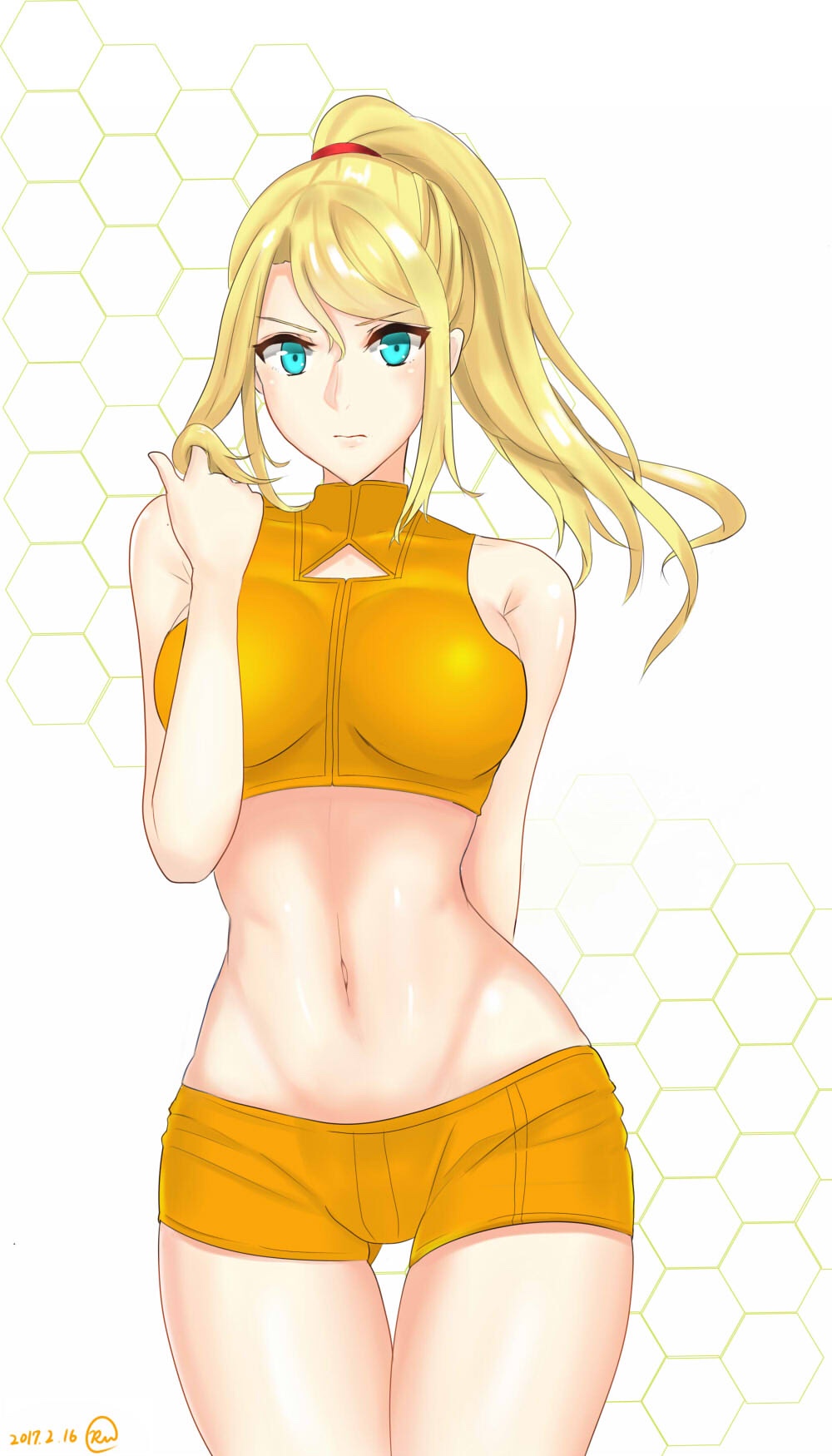 1girl, 2017, arm, arm_behind_back, bare_arms, bare_legs, bare_shoulders, blonde_hair, blue_eyes, blush, breasts, closed_mouth, cutout, dated, female, hair_between_eyes, hair_grab, hexagon, highres, honeycomb_background, large_breasts, legs, long_hair, looking_at_viewer, metroid, midriff, mole, mole_under_mouth, navel, nintendo, orange_clothes, orange_shorts, ponytail, ru_(16857772), samus_aran, serious, shiny, shiny_hair, short_shorts, shorts, simple_background, sleeveless, sleeveless_turtleneck, solo, standing, turtleneck