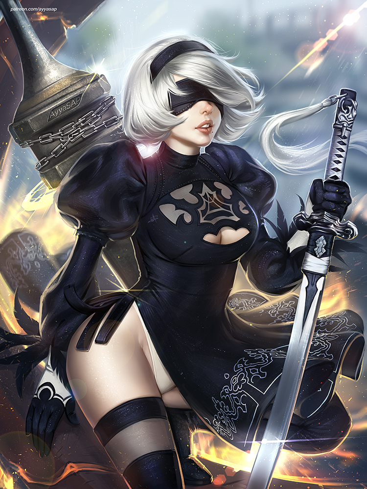 1girl, arm_up, artist_name, ayya_saparniyazova, black_blindfold, black_boots, black_dress, black_footwear