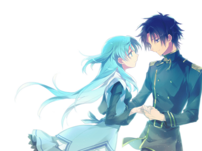 1boy, 1girl, belt, black_eyes, black_hair, blue_eyes, blue_hair, chtholly_nota_seniorious, dress, highres, hinotta, long_hair, looking_at_another, short_hair, shuumatsu_nani_shitemasu_ka?, simple_background, two_side_up, white_background, willem_kmetsch