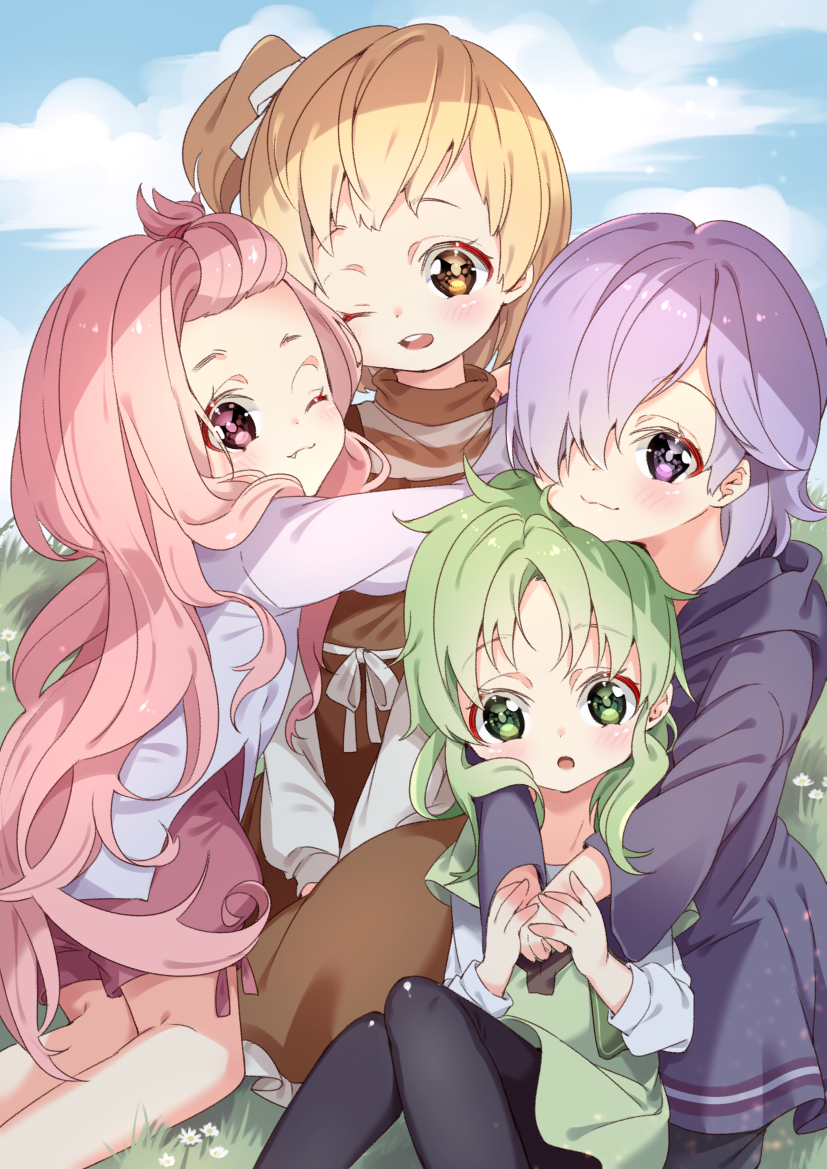 4girls, :3, :o, ;3, arami_o_8, bangs, black_legwear, blonde_hair