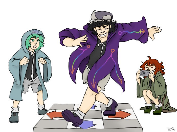 androgynous, black, camera, cheering, dance_dance_revolution, eyes, frilled_hat, green
