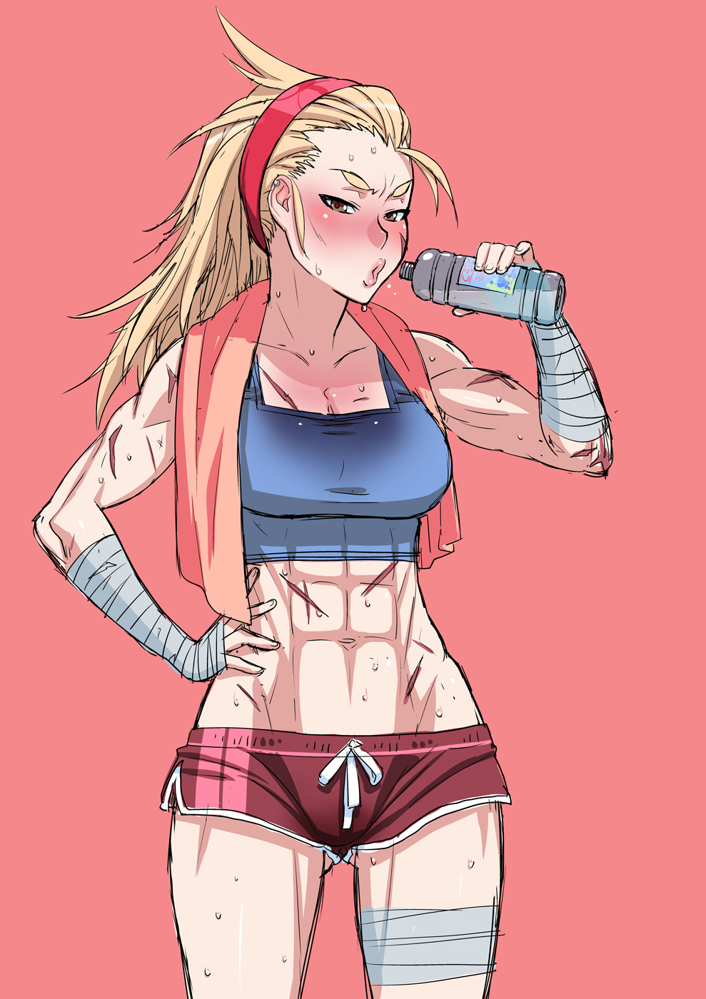 1girl, abs, bandage, bandaged_arm, bandaged_leg, blonde_hair, bottle, brown_eyes