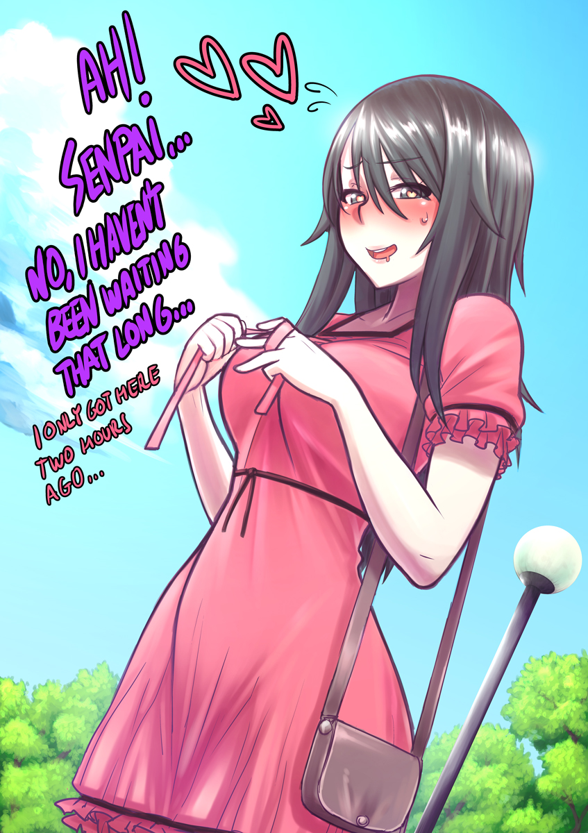 1girl, alternate_costume, bag, black_eyes, black_hair, blush, dress, english, handbag, heart, heart-shaped_pupils, highres, kjech, lamppost, pink_dress, symbol-shaped_pupils, tree, yandere-chan, yandere_simulator