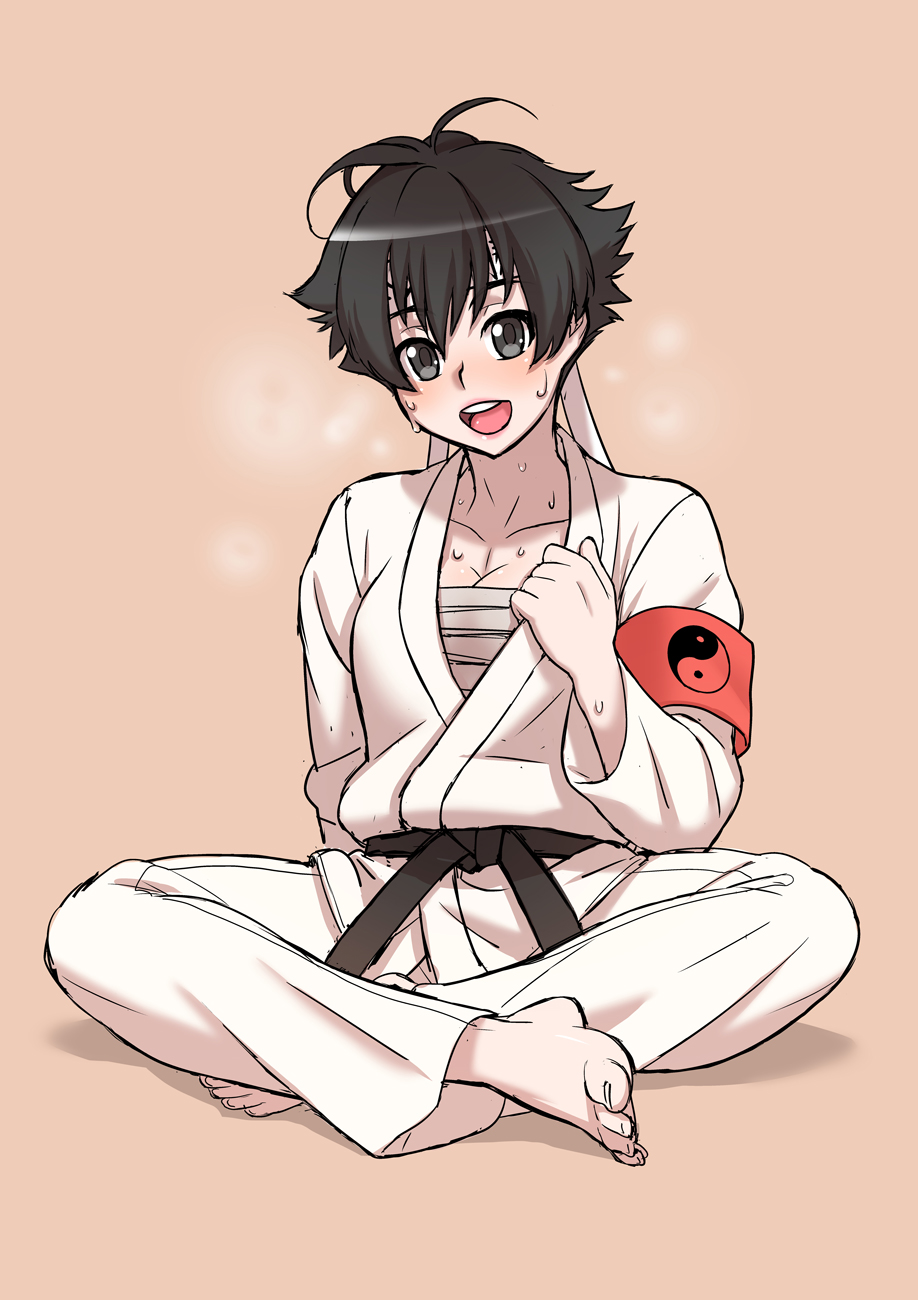 1girl, armband, barefoot, black_belt, black_eyes, black_hair, breasts, budo_matsuda, cleavage, dougi, genderswap, genderswap_(mtf), headband, highres, karate_gi, kjech, open_mouth, sarashi, sitting, sweat, yandere_simulator