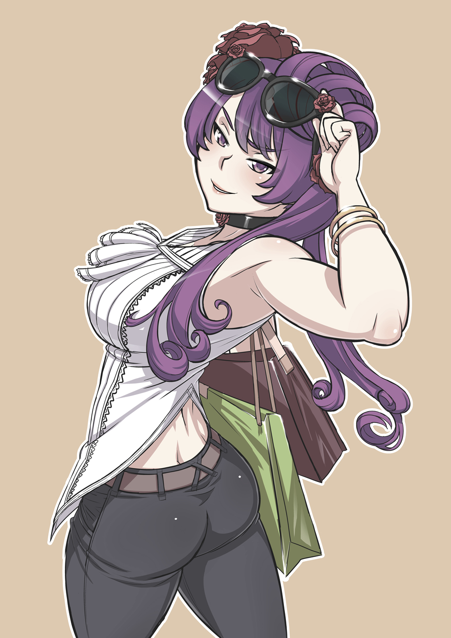 1girl, alternate_costume, alternate_hairstyle, ass, bag, black_jeans, blouse, bracelet