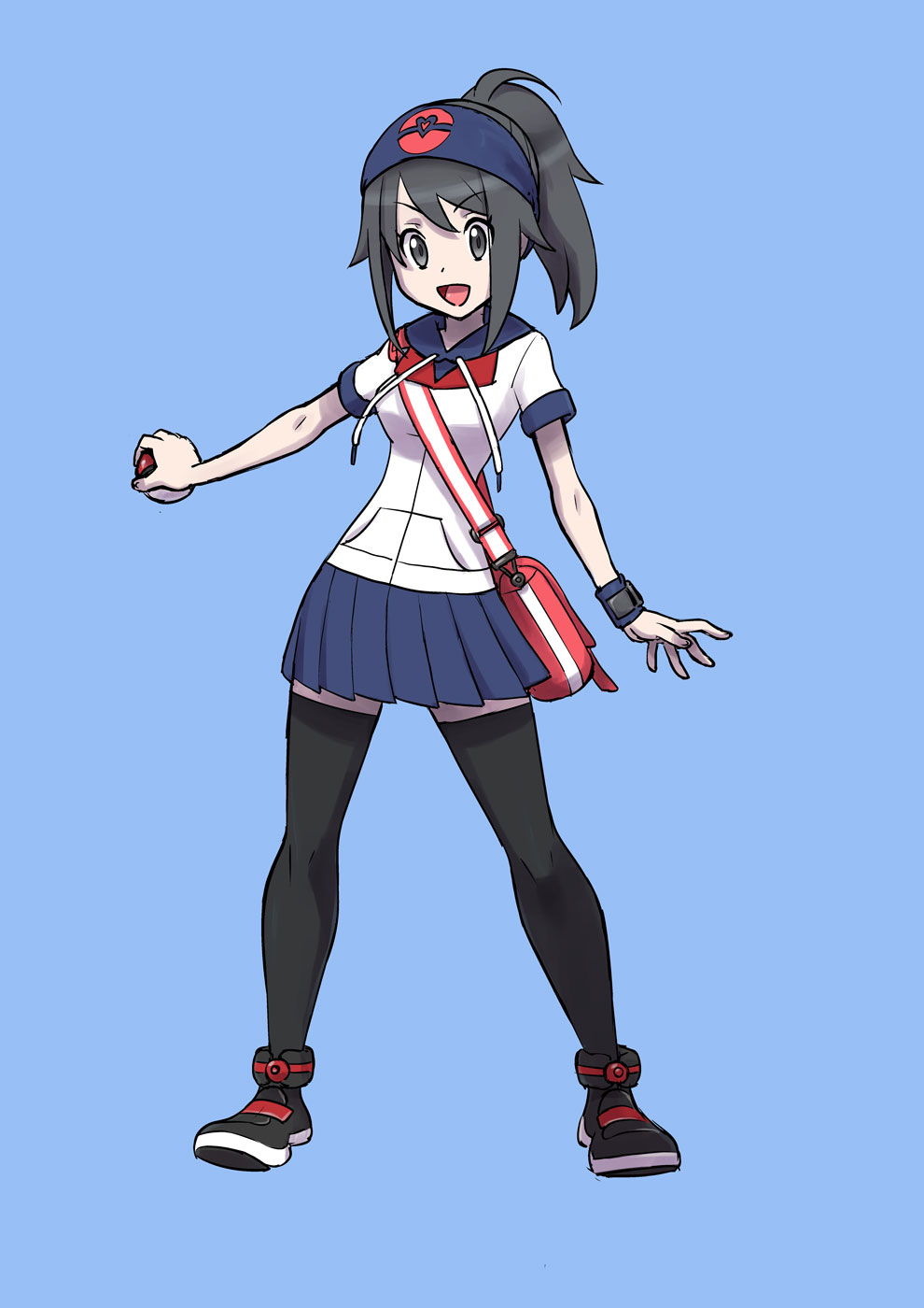 1girl, bag, headband, highres, kjech, poke_ball, poke_ball_print, pokemon, pokemon_(game), pokemon_trainer, shoes, thigh-highs, yandere-chan, yandere_simulator