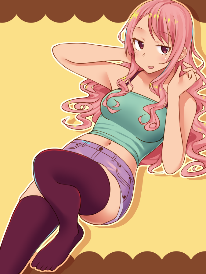 1girl, black_legwear, breasts, long_hair, medium_breasts, midriff, navel, neri_sachiko
