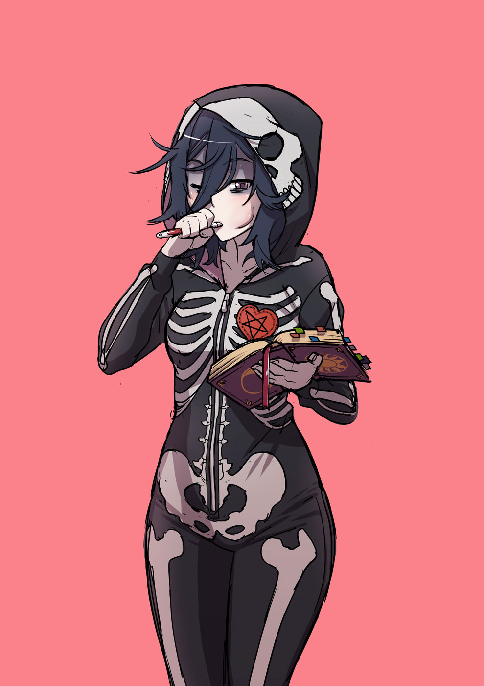 1girl, black_hair, heart, highres, hood, hoodie, kjech, oka_ruto_(yandere_simulator)