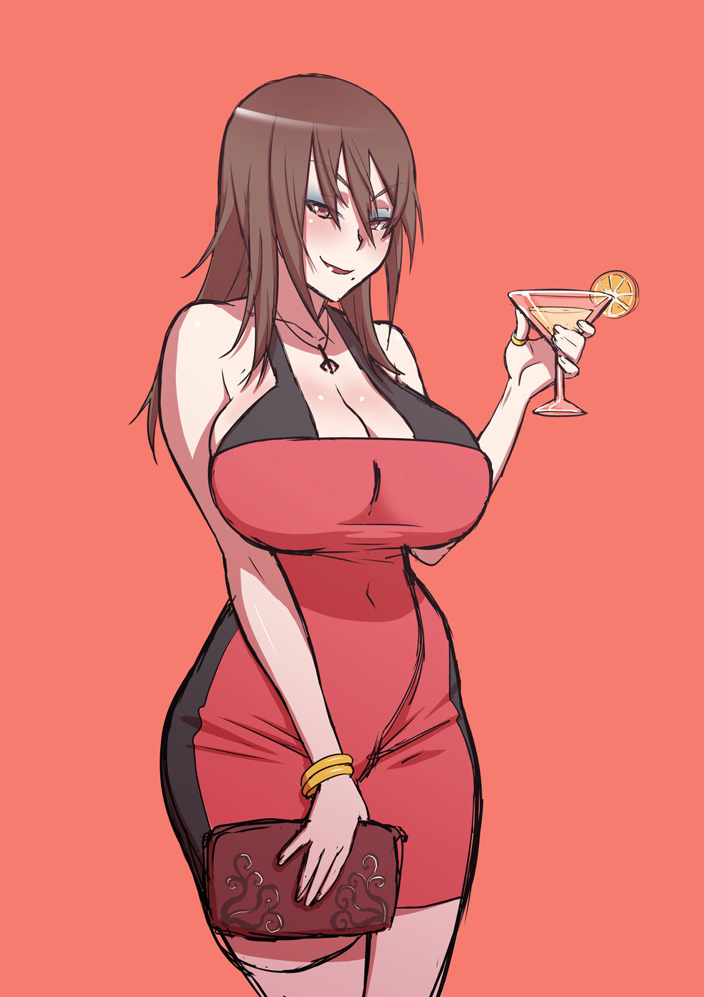 1girl, bag, bare_shoulders, bracelet, breasts, brown_eyes, brown_hair, cleavage, cocktail, cocktail_glass, covered_navel, cup, dress, drinking_glass, eyeshadow, food, fruit, handbag, highres, huge_breasts, jewelry, kjech, lemon, lemon_slice, long_hair, looking_at_viewer, makeup, mida_rana, necklace, red_dress, smile, solo, standing, thumb_ring, yandere_simulator