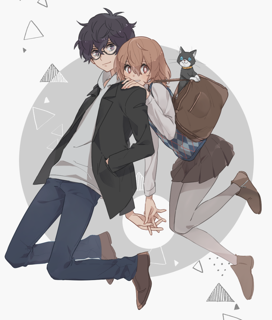 1boy, 1girl, akechi_gorou, bag, black_hair, brown_hair, cat, couple, genderswap, genderswap_(mtf), glasses, hetero, jacket, kurusu_akira, morgana_(persona_5), persona, persona_5, skirt, ten_(lu2948d)