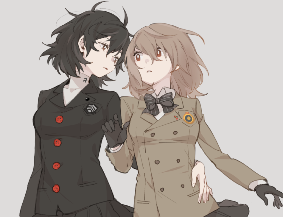 2girls, akechi_gorou, black_hair, bow, brown_hair, couple, eye_contact, genderswap, genderswap_(mtf), gloves, hand_on_another's_hip, kurusu_akira, looking_at_another, multiple_girls, persona, persona_5, school_uniform, short_hair, ten_(lu2948d), yuri