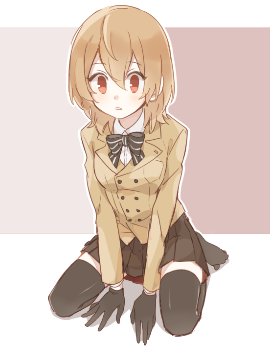 1girl, akechi_gorou, black_legwear, bow, brown_hair, genderswap, genderswap_(mtf), gloves