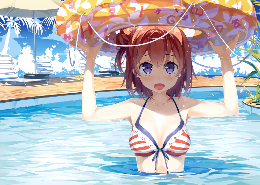 1girl, absurdres, araragikoyomis, bikini, blush, breasts, brown_hair, cleavage