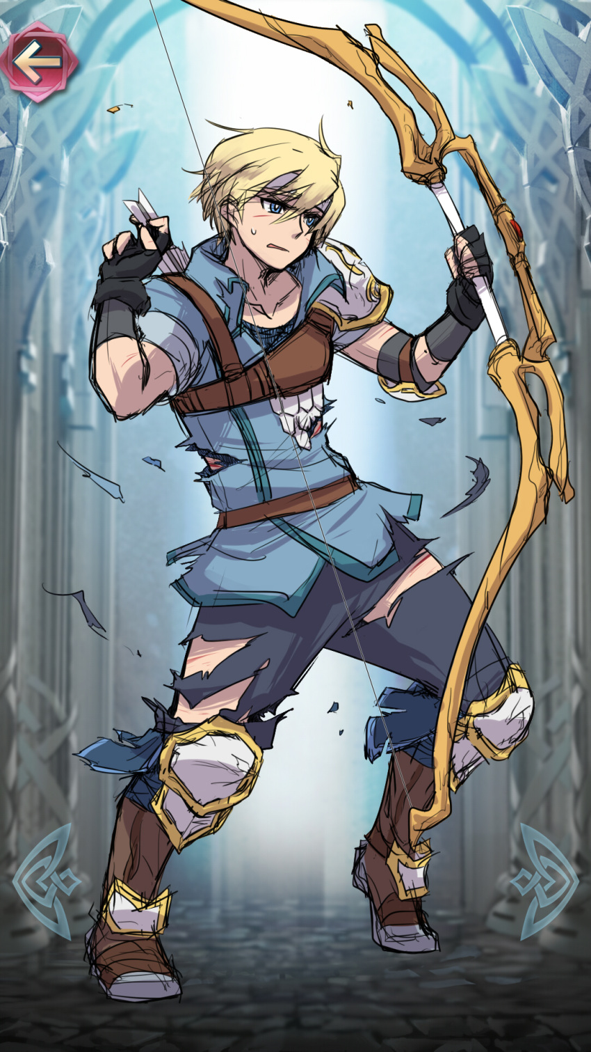 1boy, arrow, blonde_hair, blue_eyes, boots, bow_(weapon), faval_(fire_emblem), fire_emblem
