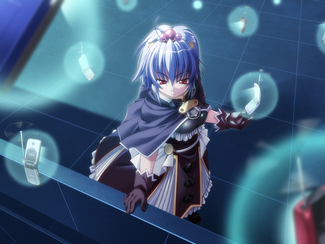 armor, blue_hair, cape, cellphone, game_cg, glove, gloves, jewelry