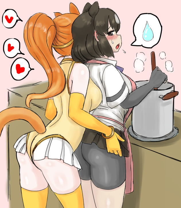 2girls, animal_ears, bear_ears, bear_girl, bike_shorts, blush, bot, brown_bear_(kemono_friends)