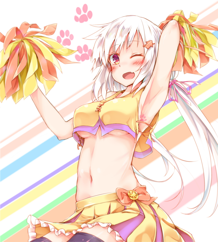 1girl, ;d, albino, armpits, arms_up, bangs, black_legwear, blush