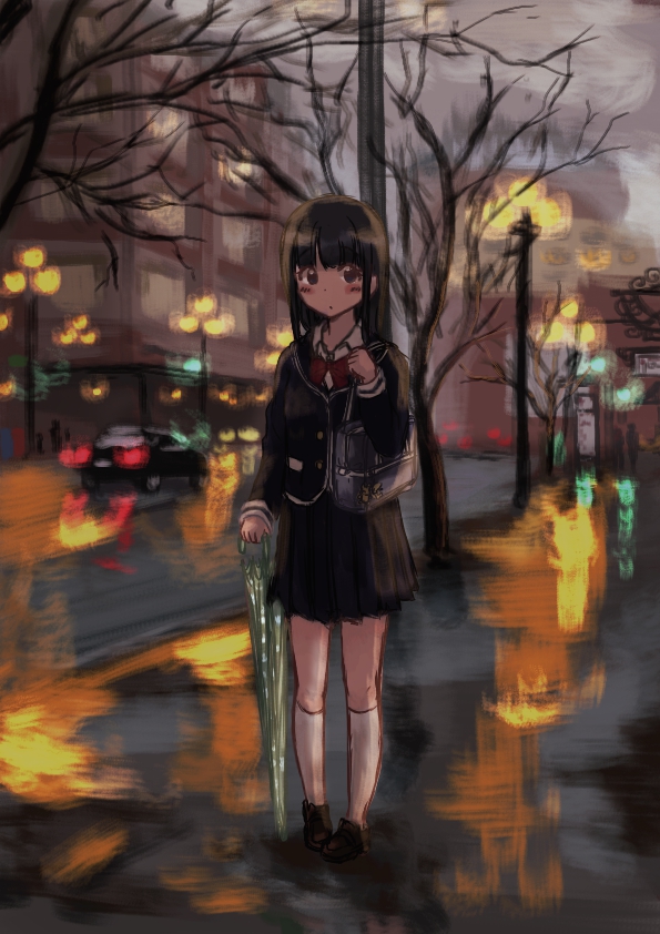 1girl, after_rain, bangs, bare_tree, black_eyes, black_hair, black_skirt, blazer