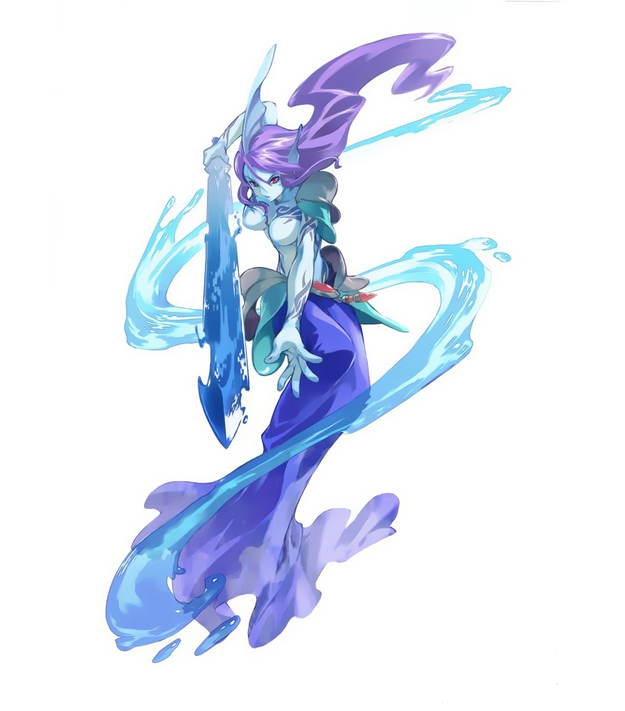 blue, blue_skin, breasts, head_fins, huge_breasts, long_hair, no_nipples, official_art