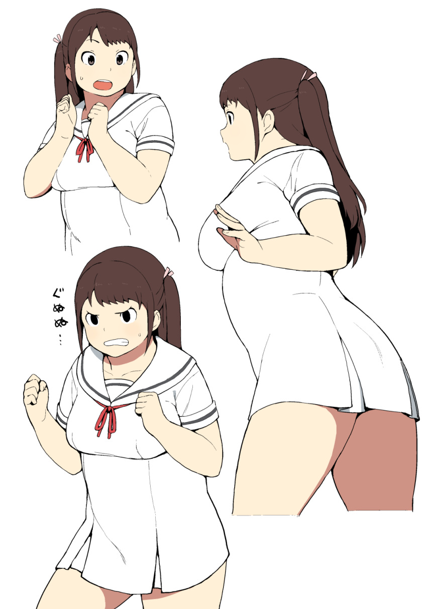 1girl, accho_(macchonburike), bangs, black_eyes, brown_eyes, brown_hair, clenched_teeth, dress