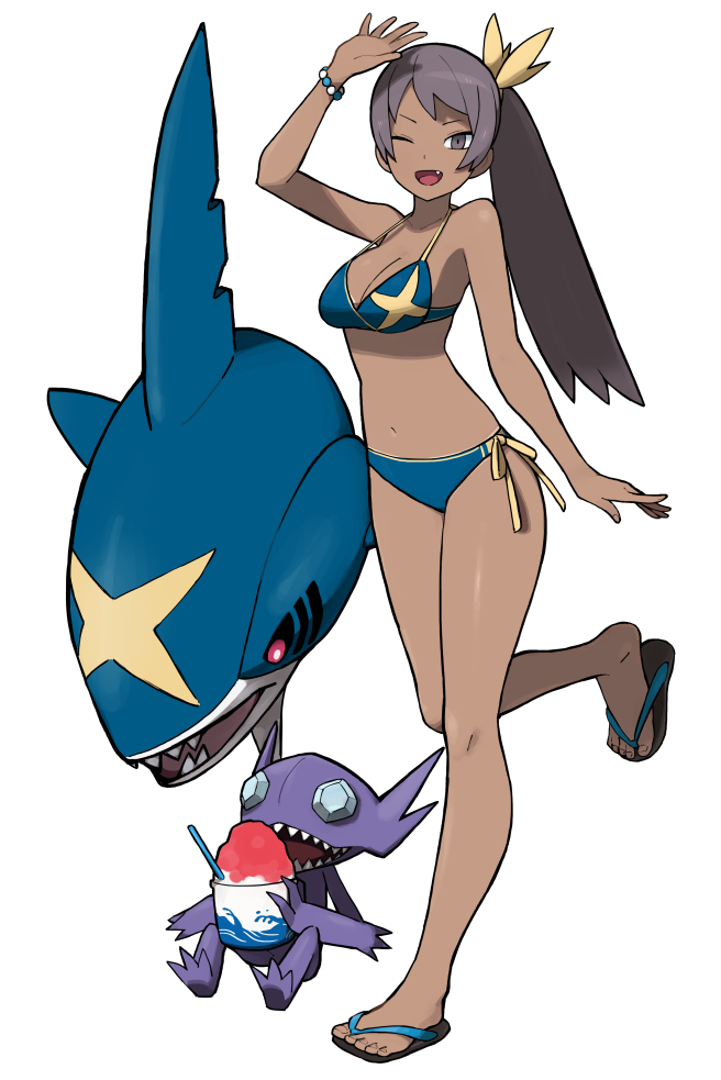 1girl, ;d, accho_(macchonburike), arm_up, bead_bracelet, beads, bikini, black_eyes