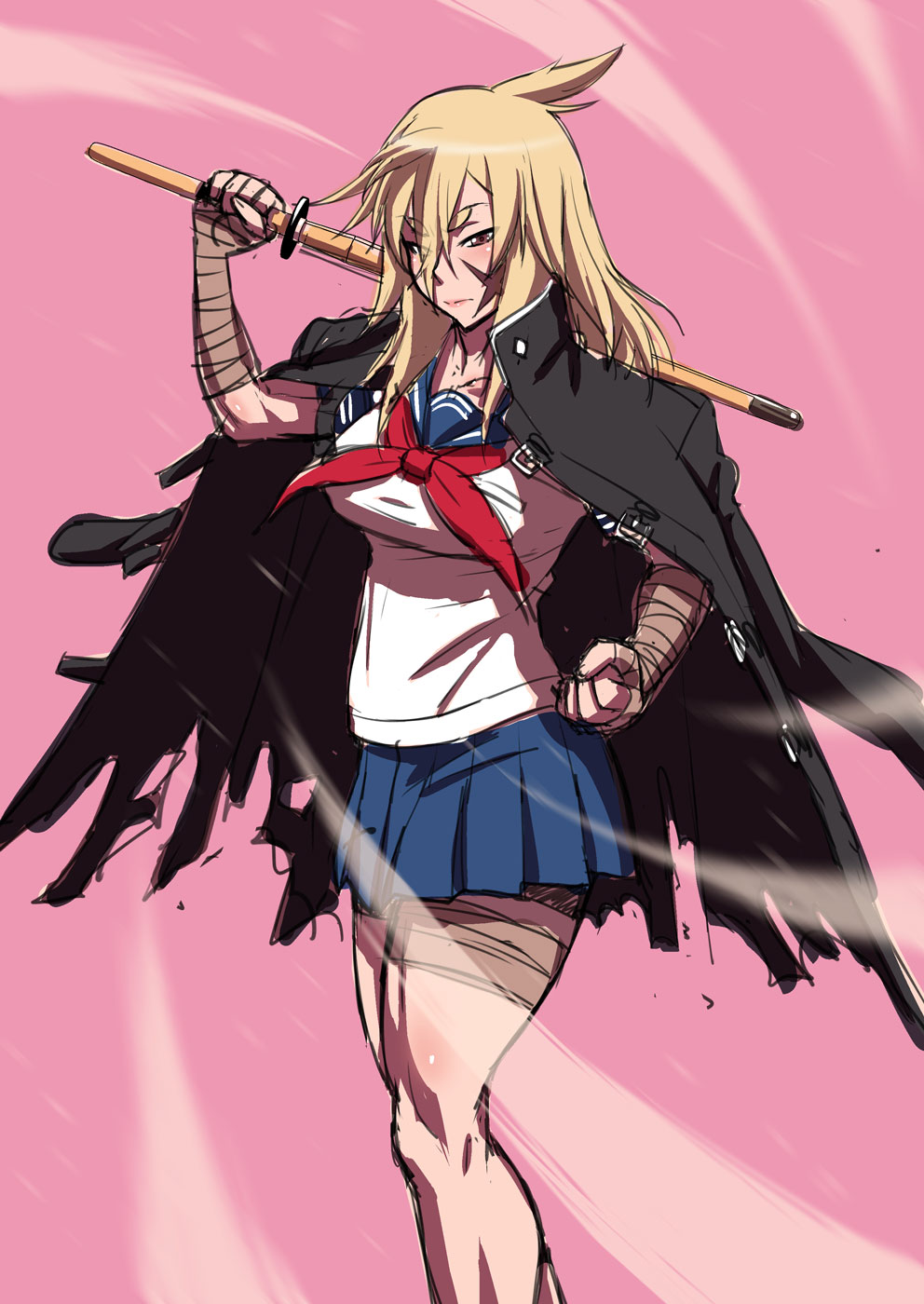 1girl, bandage, bandaged_arm, bandaged_leg, blonde_hair, bokken, cross_scar, delinquent, highres, jacket_on_shoulders, kjech, osoro_shidesu, red_eyes, scar_on_cheek, school_uniform, sword, torn_jacket, weapon, wooden_sword, yandere_simulator